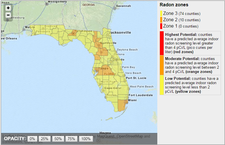 In Florida, one in five homes tested has radon levels above the EPA action level.